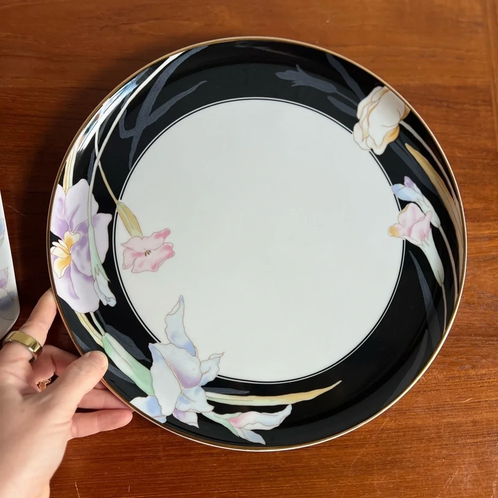 Vintage Mikasa Charisma Black Cake Plate & Server Set | Fine China Japan Floral